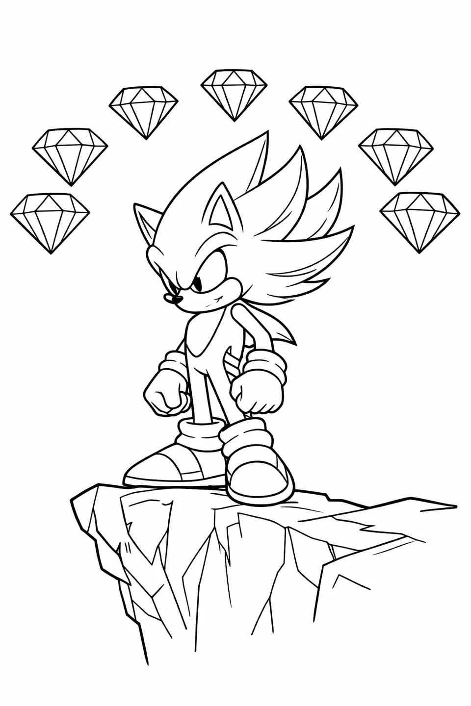 Super Sonic standing at a cliff edge with seven Chaos Emeralds in an arc above him