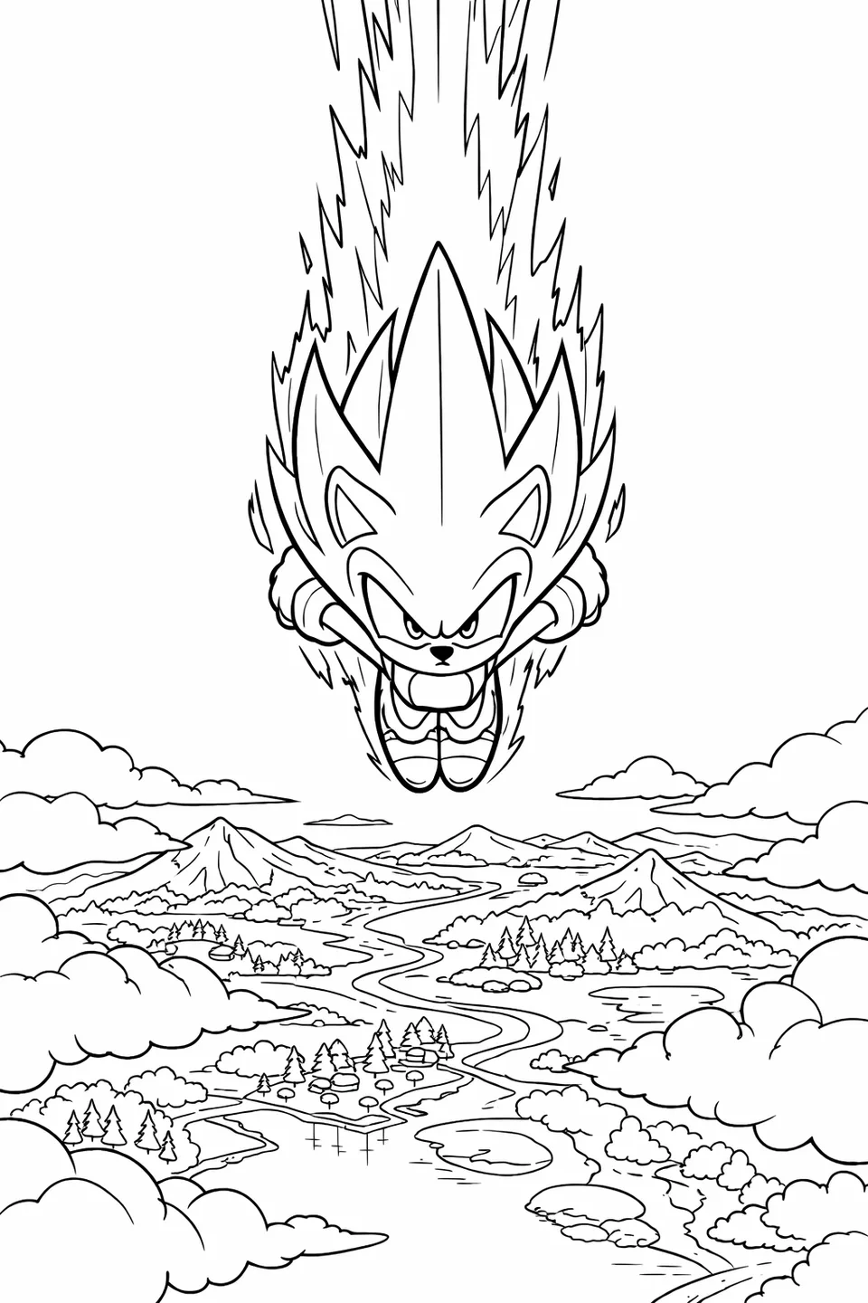 Overhead view of Super Sonic diving straight down with a golden energy trail above him and a landscape far below