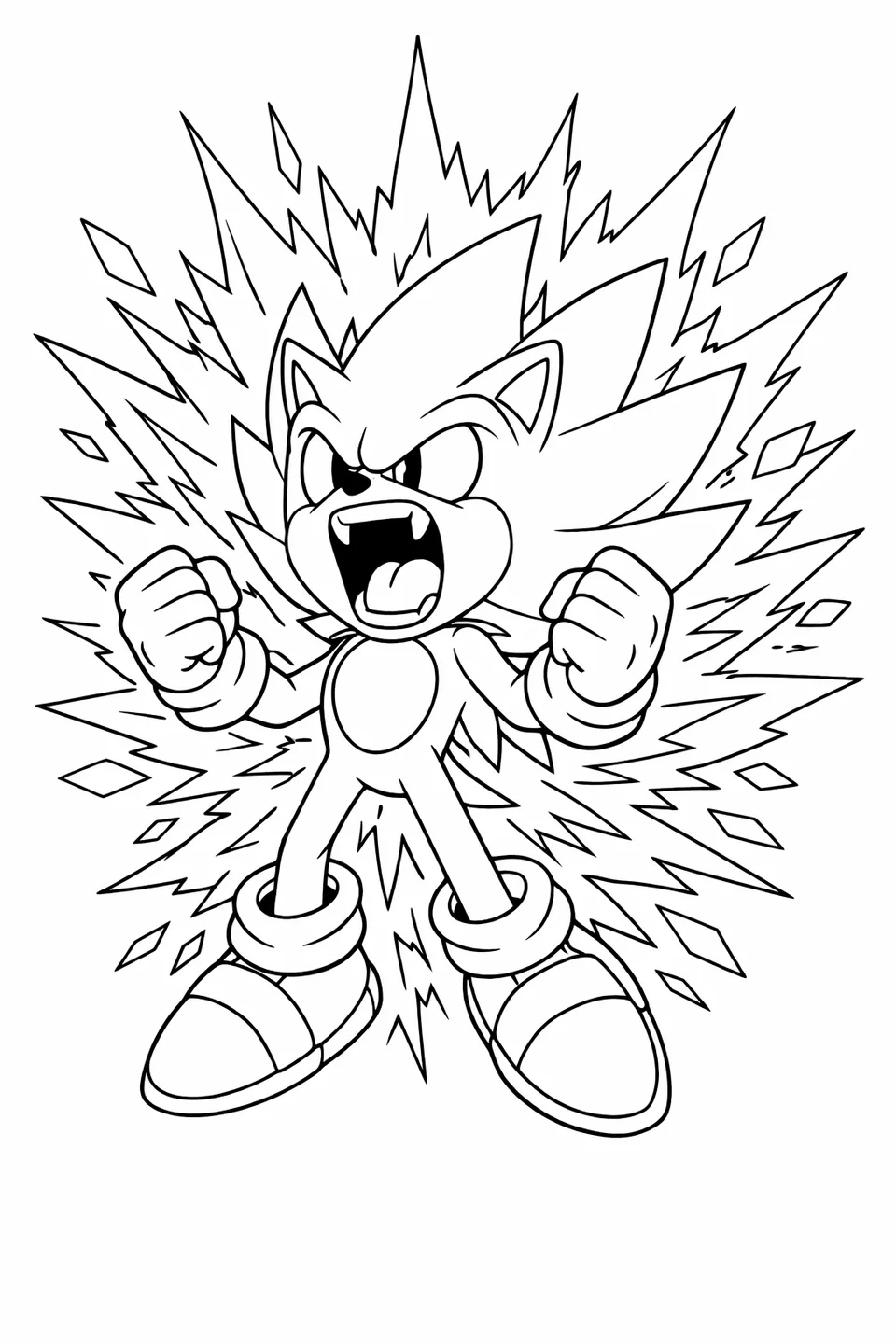 Super Sonic roaring with fists raised and an energy explosion radiating outward from his body in all directions