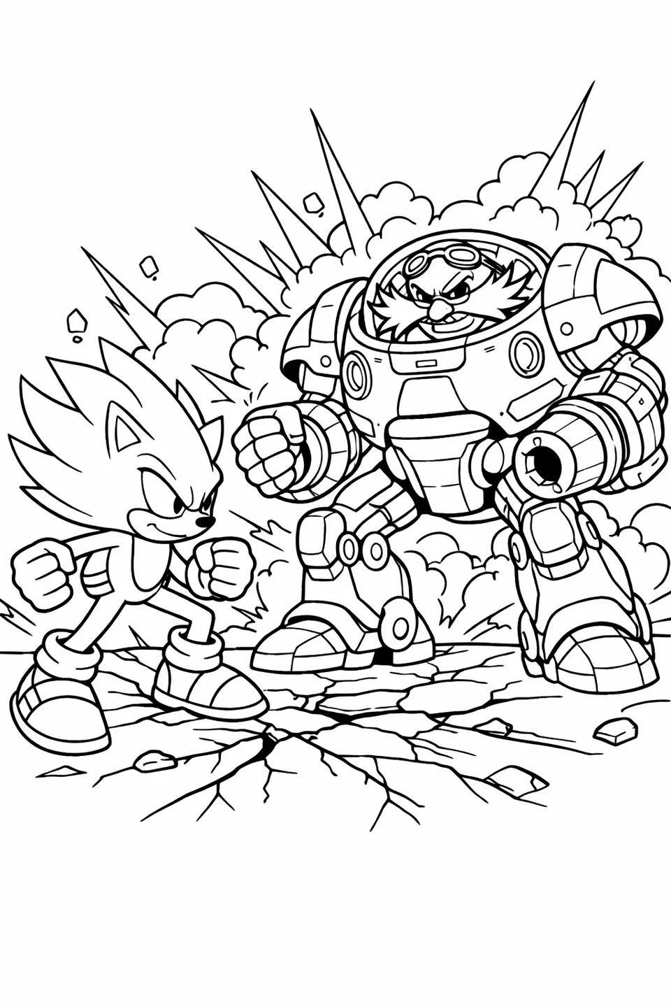 Super Sonic in a battle stance facing Dr. Eggman in a giant mech suit with explosions in the background