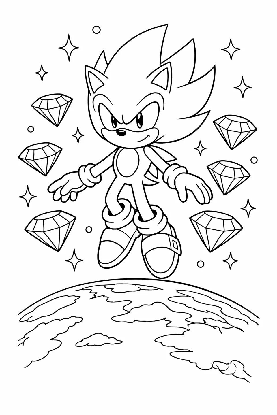 Super Sonic floating in space with Chaos Emeralds orbiting him and a planet visible below
