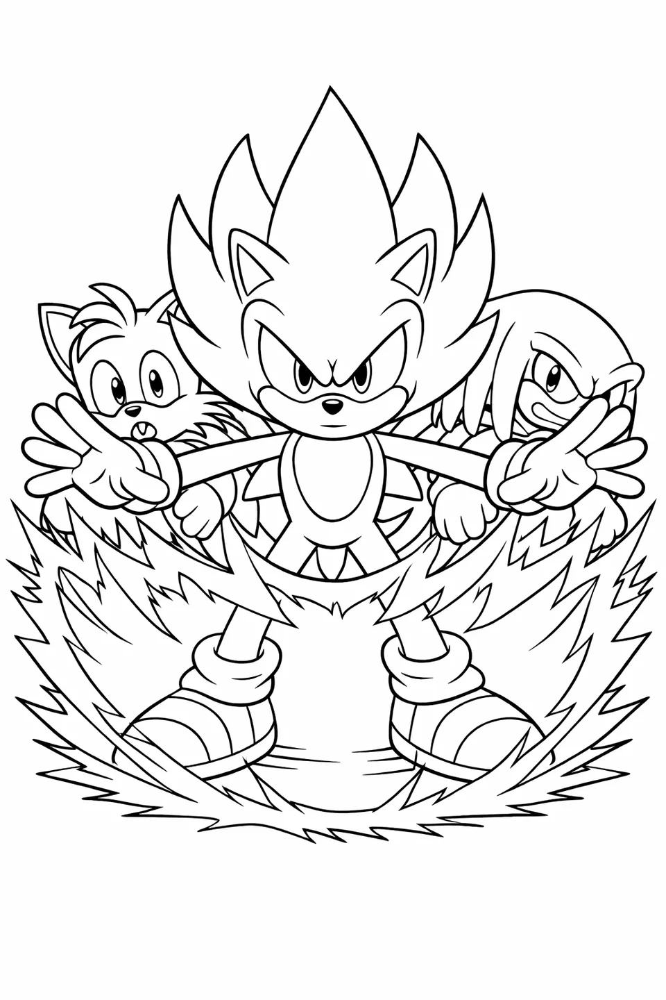 Super Sonic standing with arms spread wide in front of Tails and Knuckles with a curved shockwave barrier ahead of him