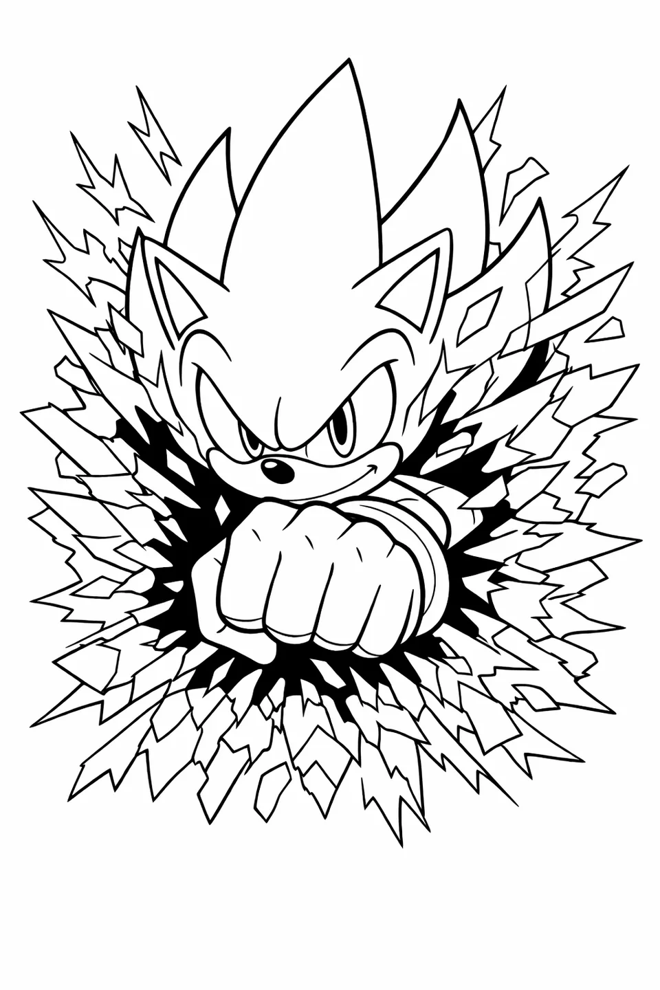Super Sonic punching through a dark energy wall that shatters into jagged fragments around his fist