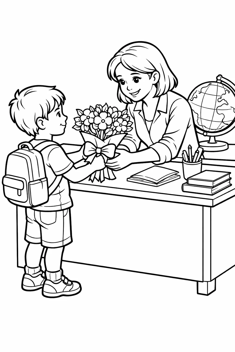 Child handing a bouquet of flowers to a teacher at a classroom desk