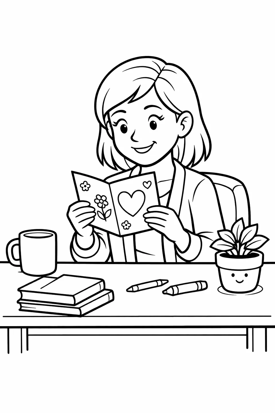 Teacher reading a handmade card at a wooden desk with a mug and plant nearby