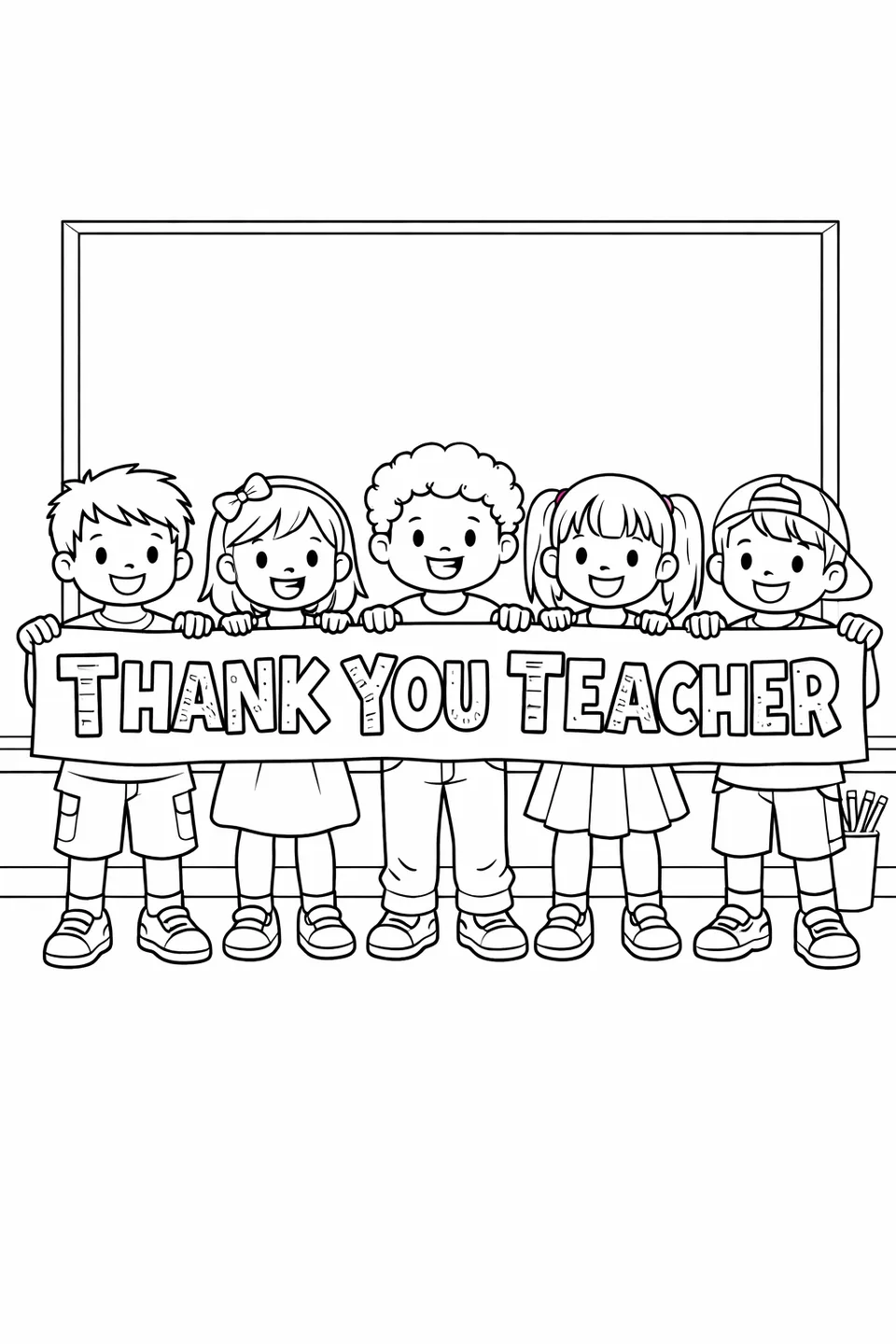 Group of children holding a Thank You Teacher banner in a classroom