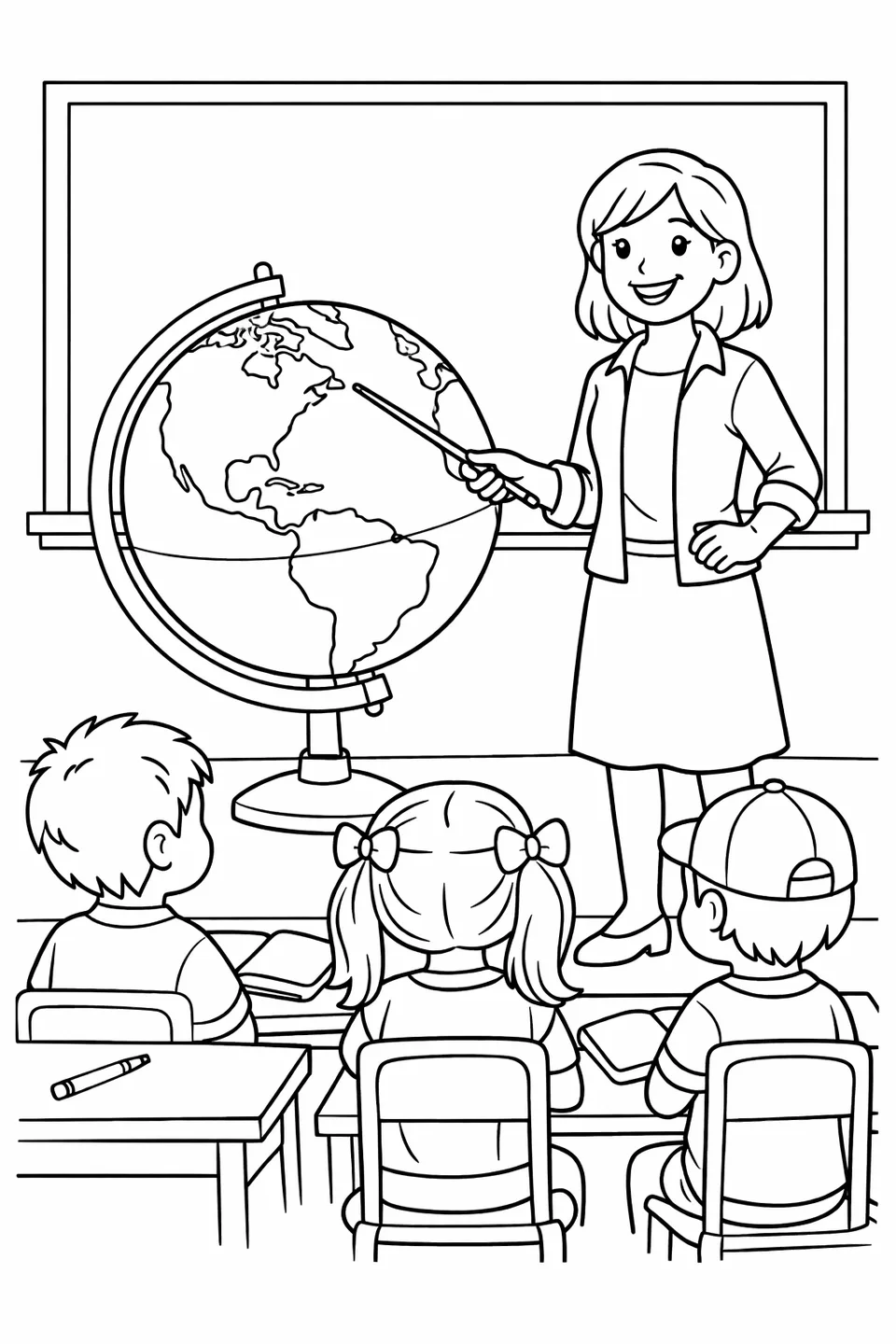Teacher pointing at a globe with students seated at desks in the background