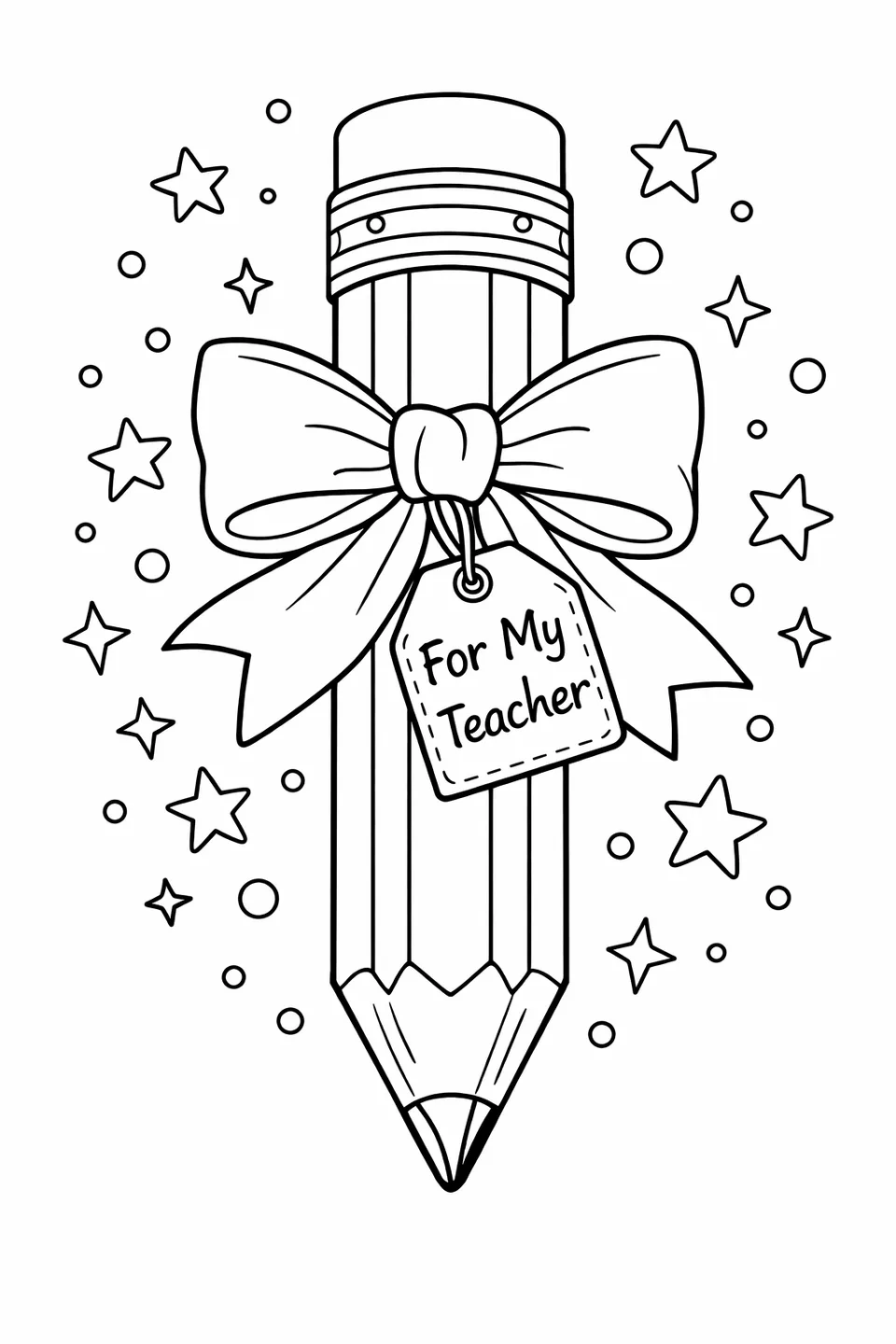 Oversized pencil with a ribbon bow and a gift tag reading For My Teacher