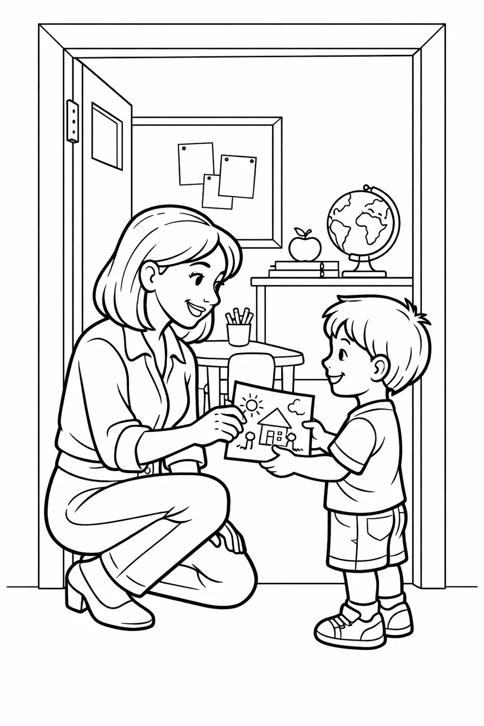 Teacher kneeling to accept a child's drawing at a classroom doorway