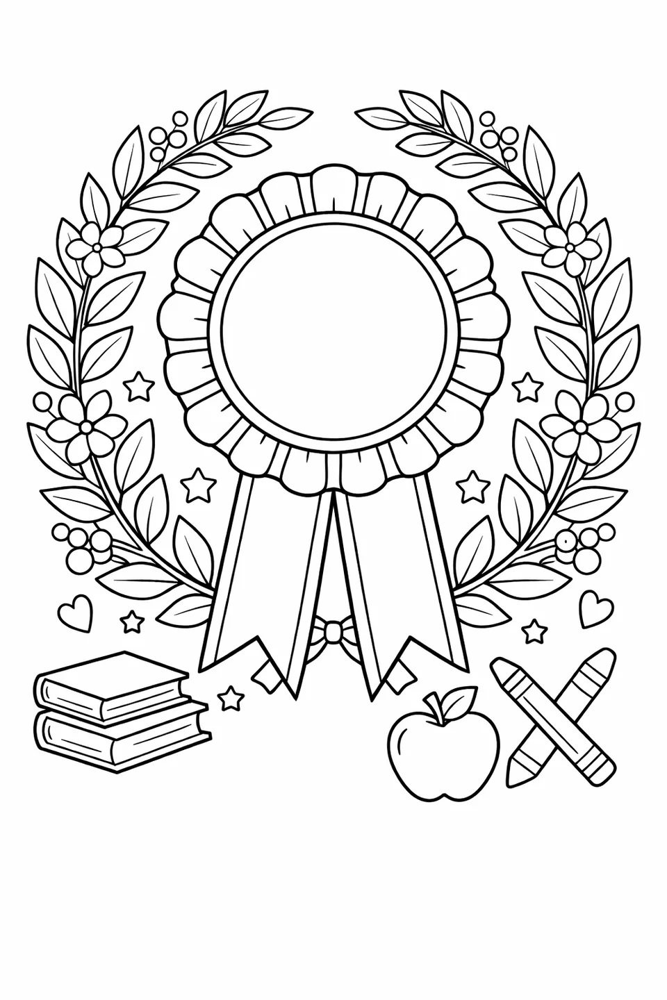 Award ribbon medallion reading World's Best Teacher with a laurel wreath border