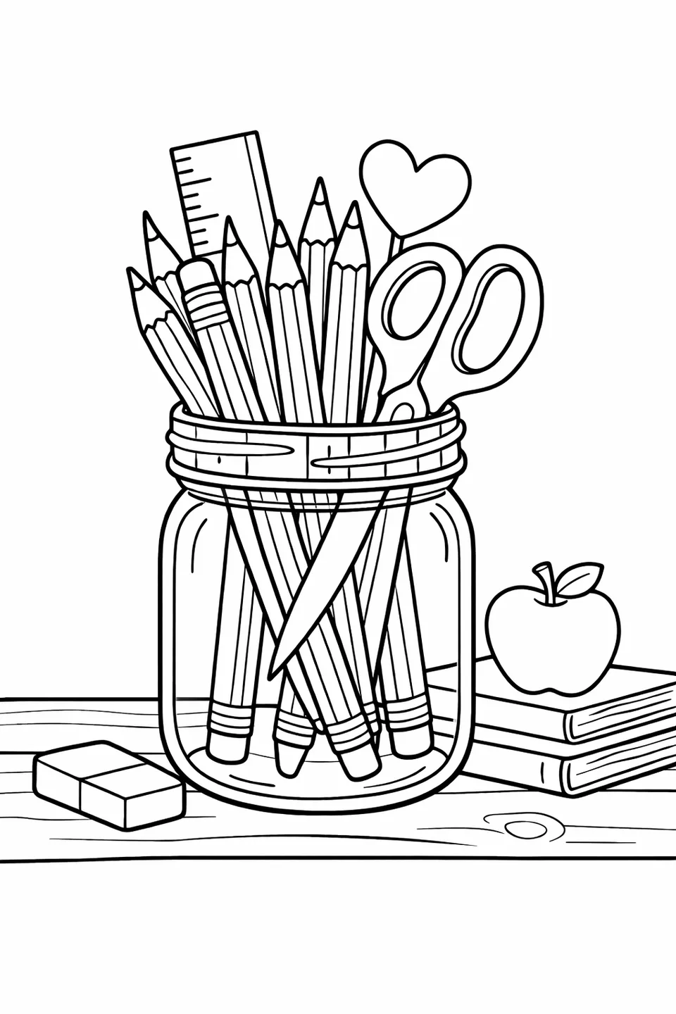 Mason jar filled with pencils, a ruler, scissors, and a paper heart on a desk