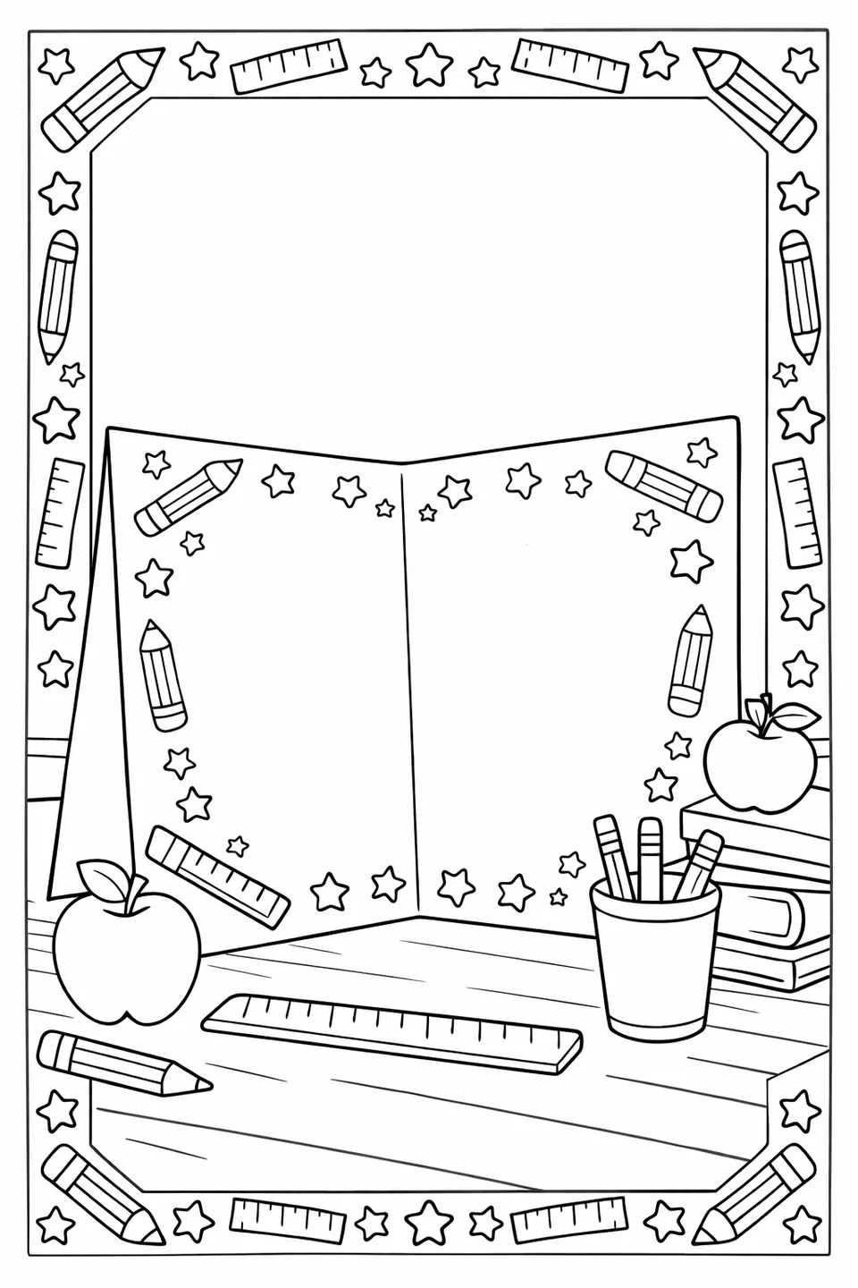 Open thank you card decorated with drawn rulers, pencils, and stars inside