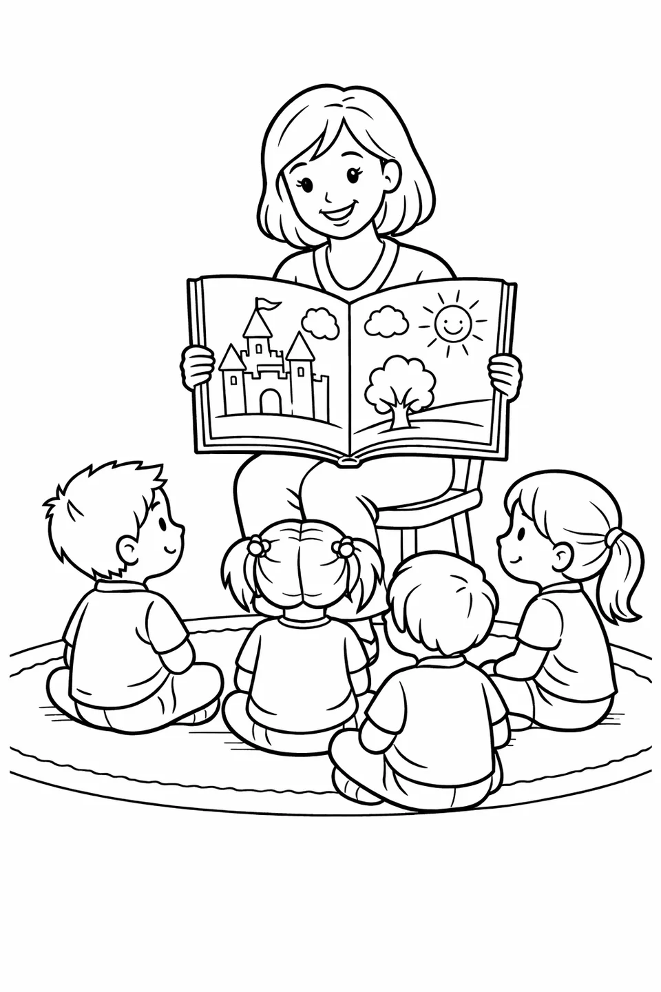 Teacher holding an open picture book while children sit on a rug and listen
