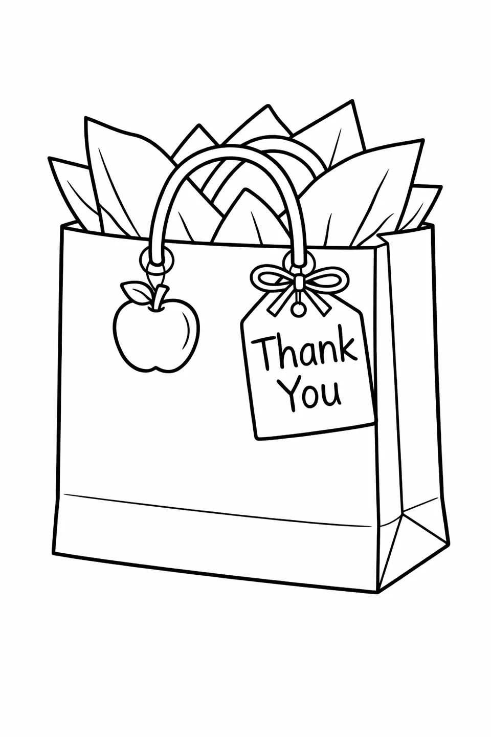 Gift bag with tissue paper, an apple charm on the handle, and a thank you tag