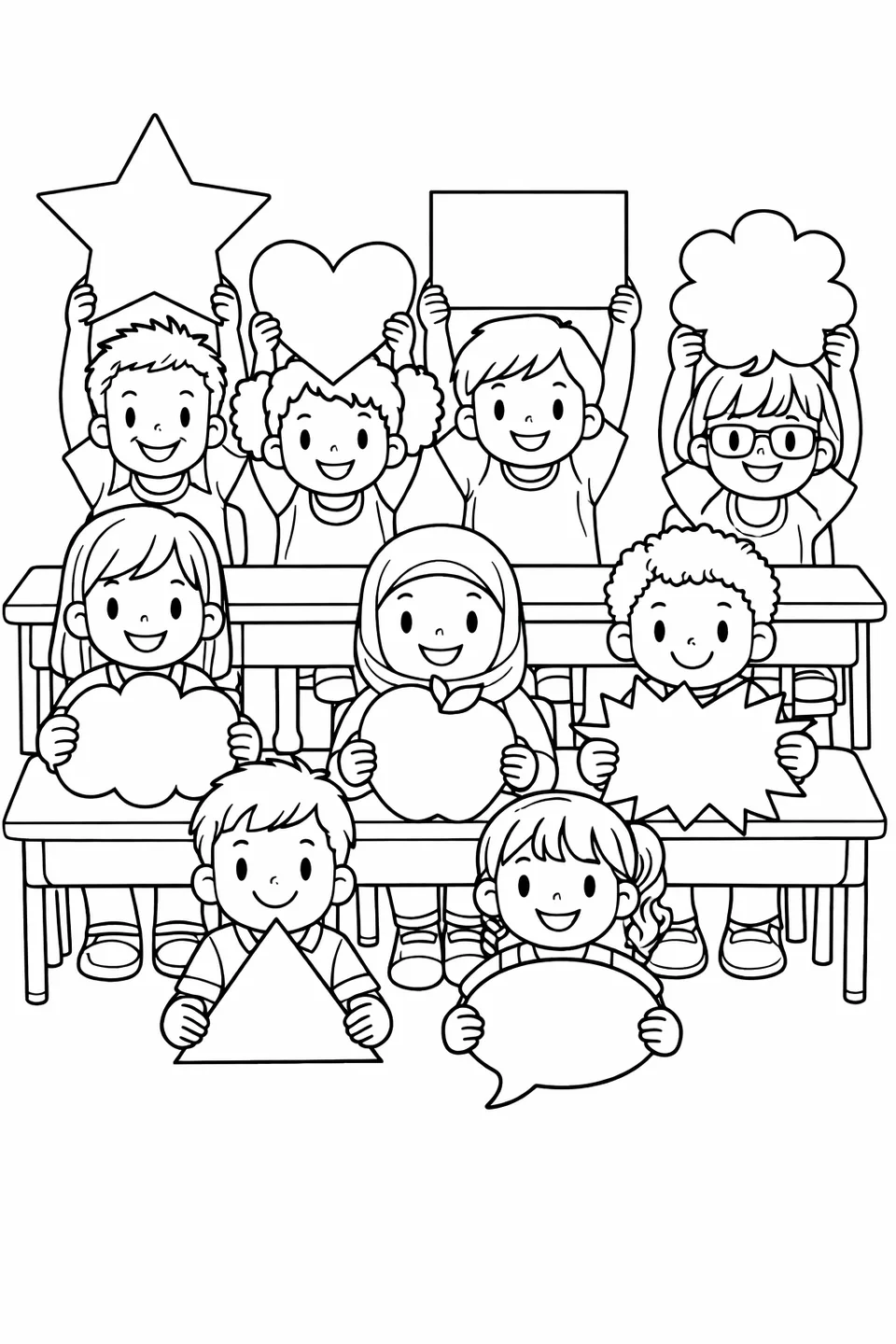 Classroom of students at desks each holding a differently shaped thank you sign