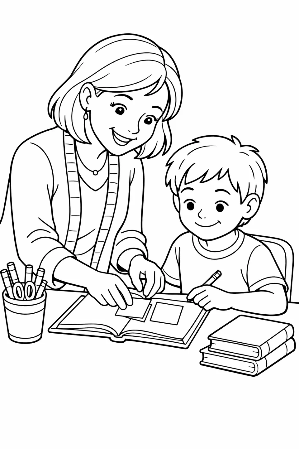 Teacher sticking an encouraging note onto a student's open notebook at their desk