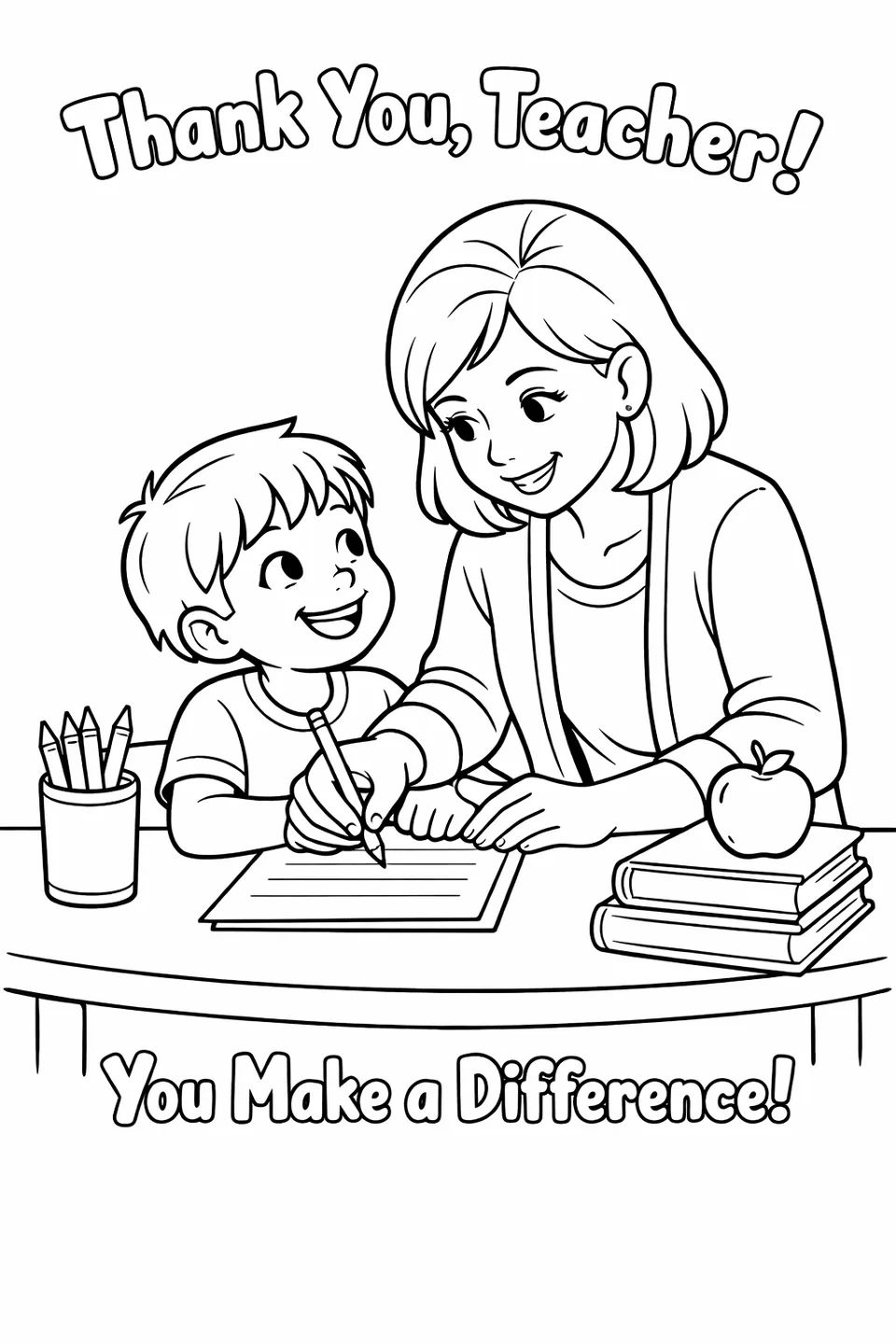 Teacher guiding a child's hand as the child writes on lined paper at a small table