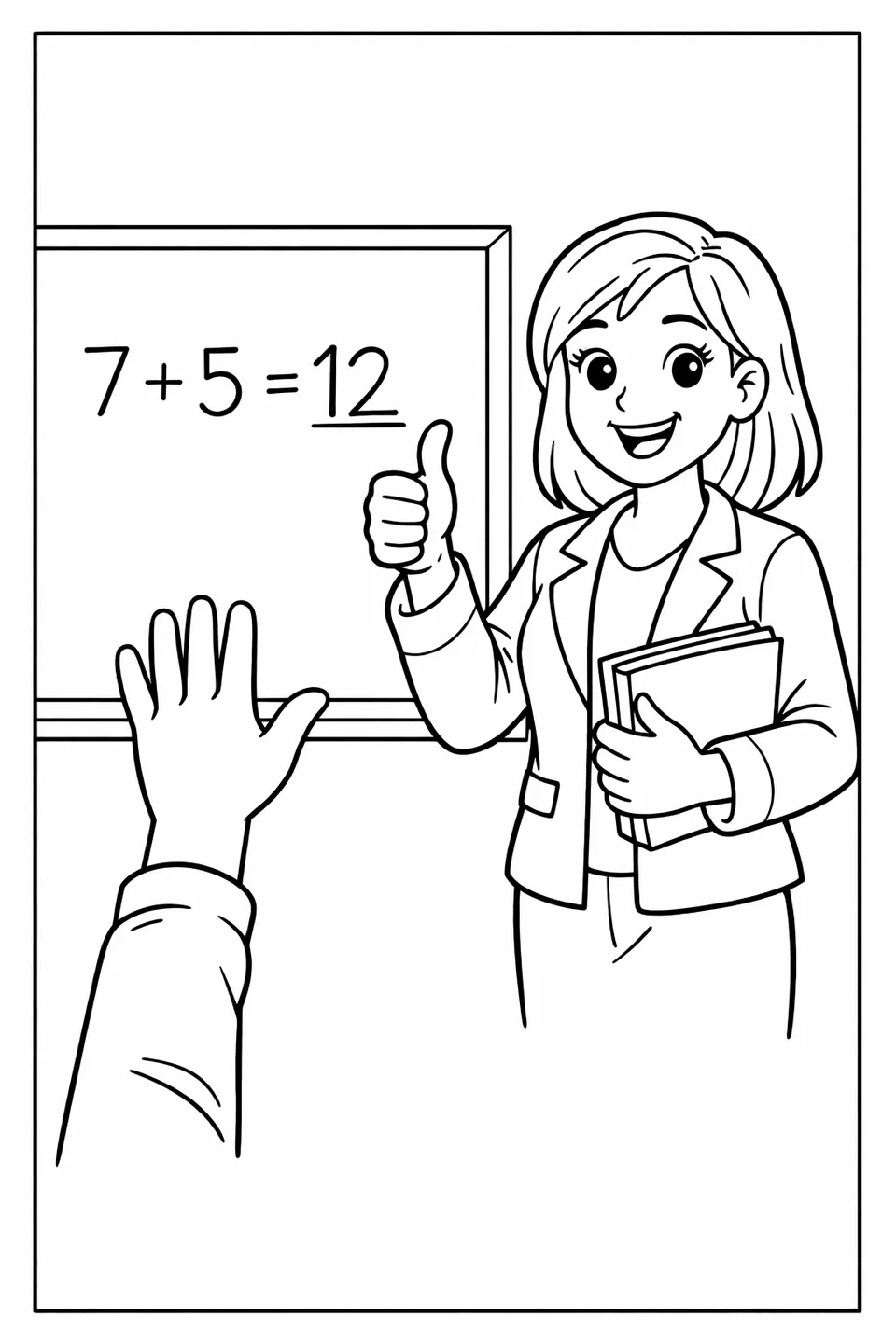 Teacher giving thumbs up next to a whiteboard math problem with a student's hand raised in the foreground