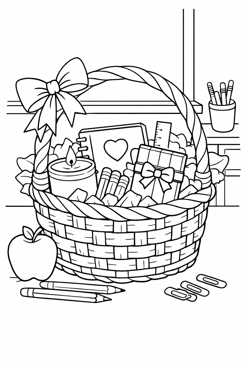 Woven basket with a ribbon handle holding a candle, journal, and wrapped chocolate on a classroom desk