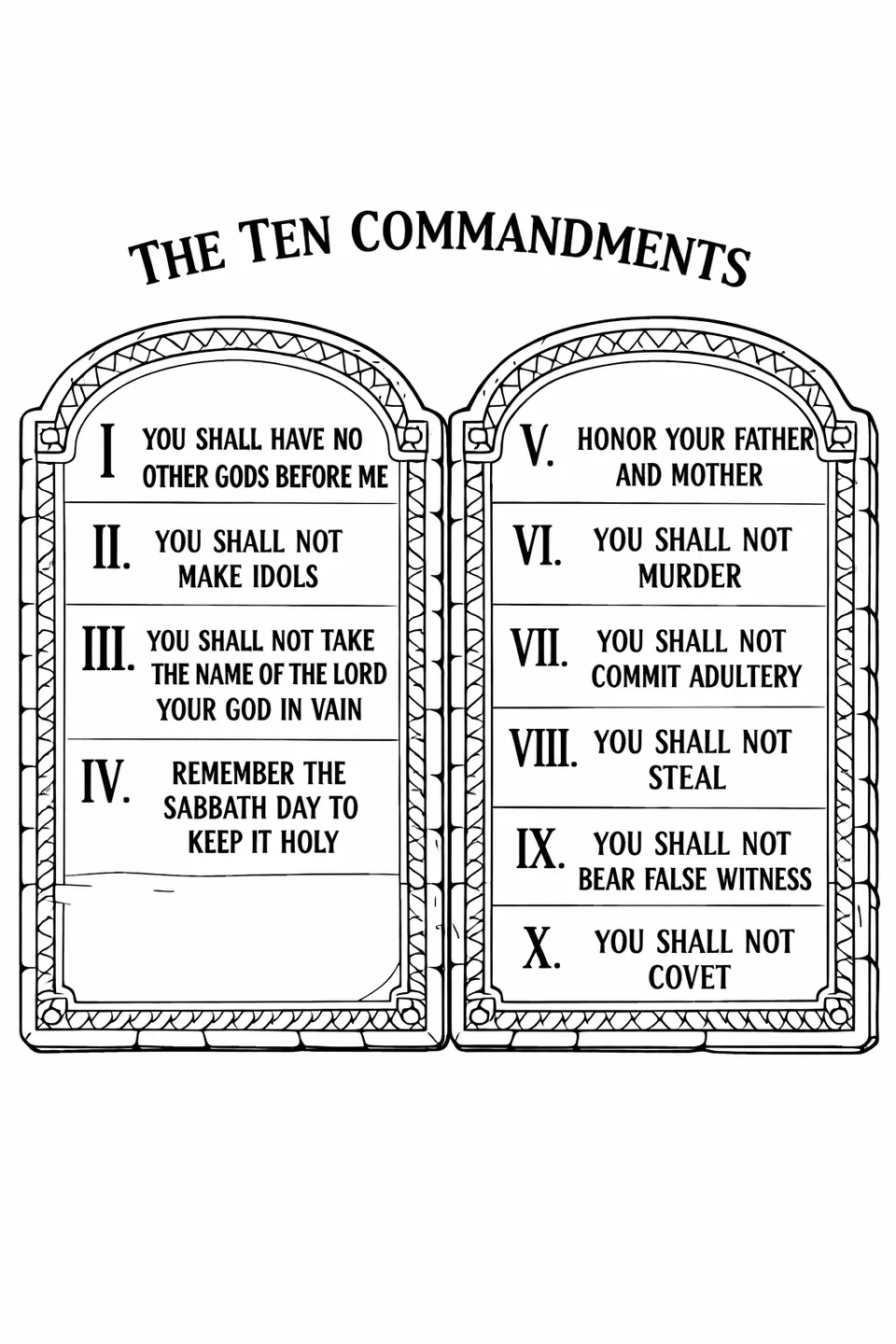 Two stone tablets with Roman numerals I through X and commandment text carved into each tablet