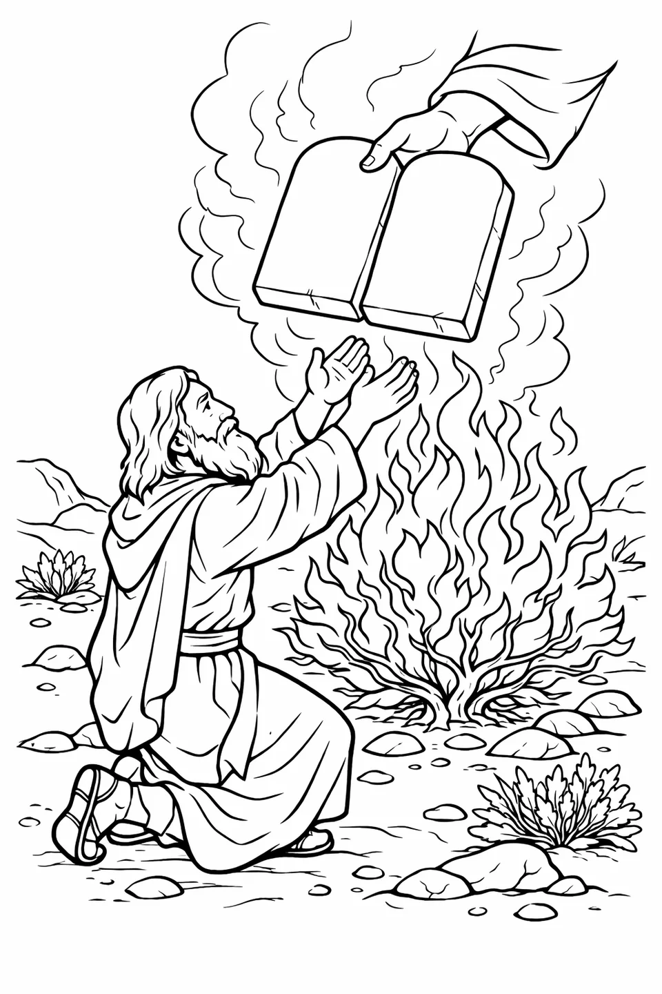 Moses kneeling before a burning bush with arms raised to receive two stone tablets from an outstretched hand above