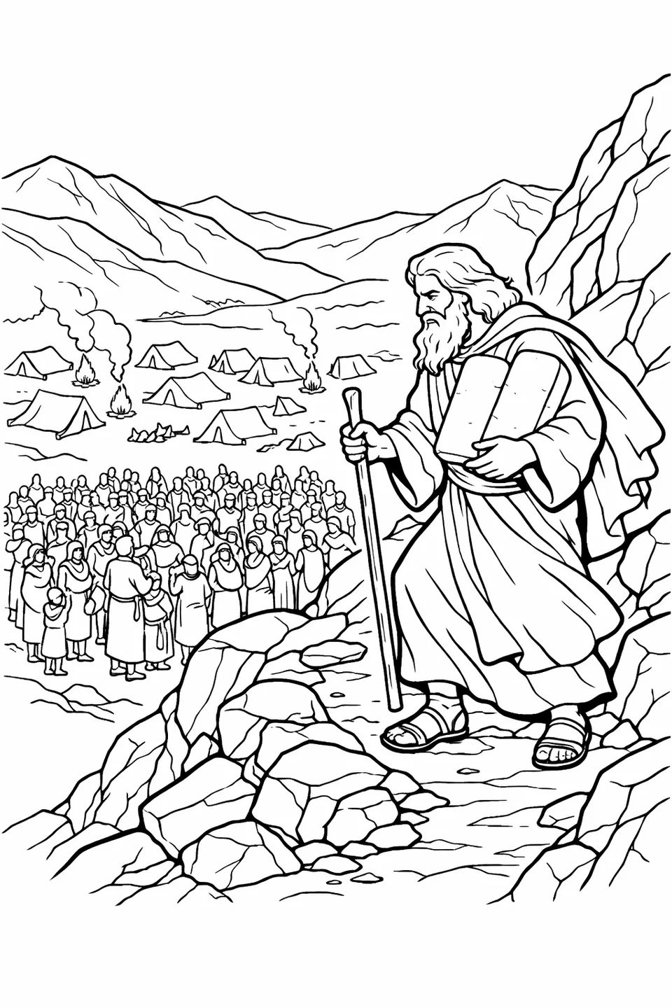 Moses walking down a mountain path carrying stone tablets with a large crowd gathered in the valley below