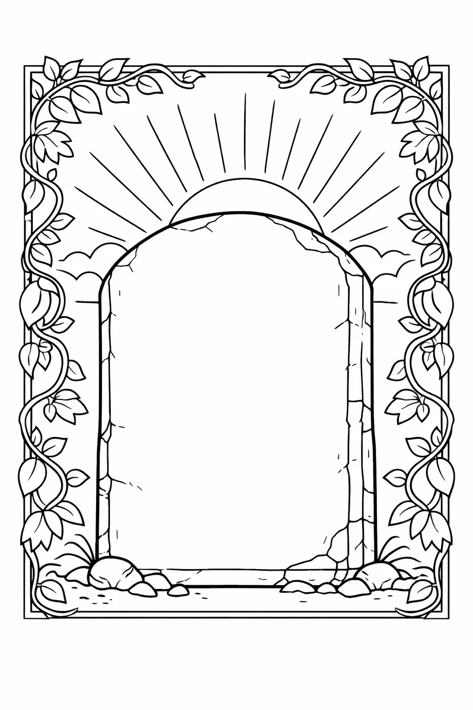 A single stone tablet with the First Commandment written in large letters and a vine border around the edges