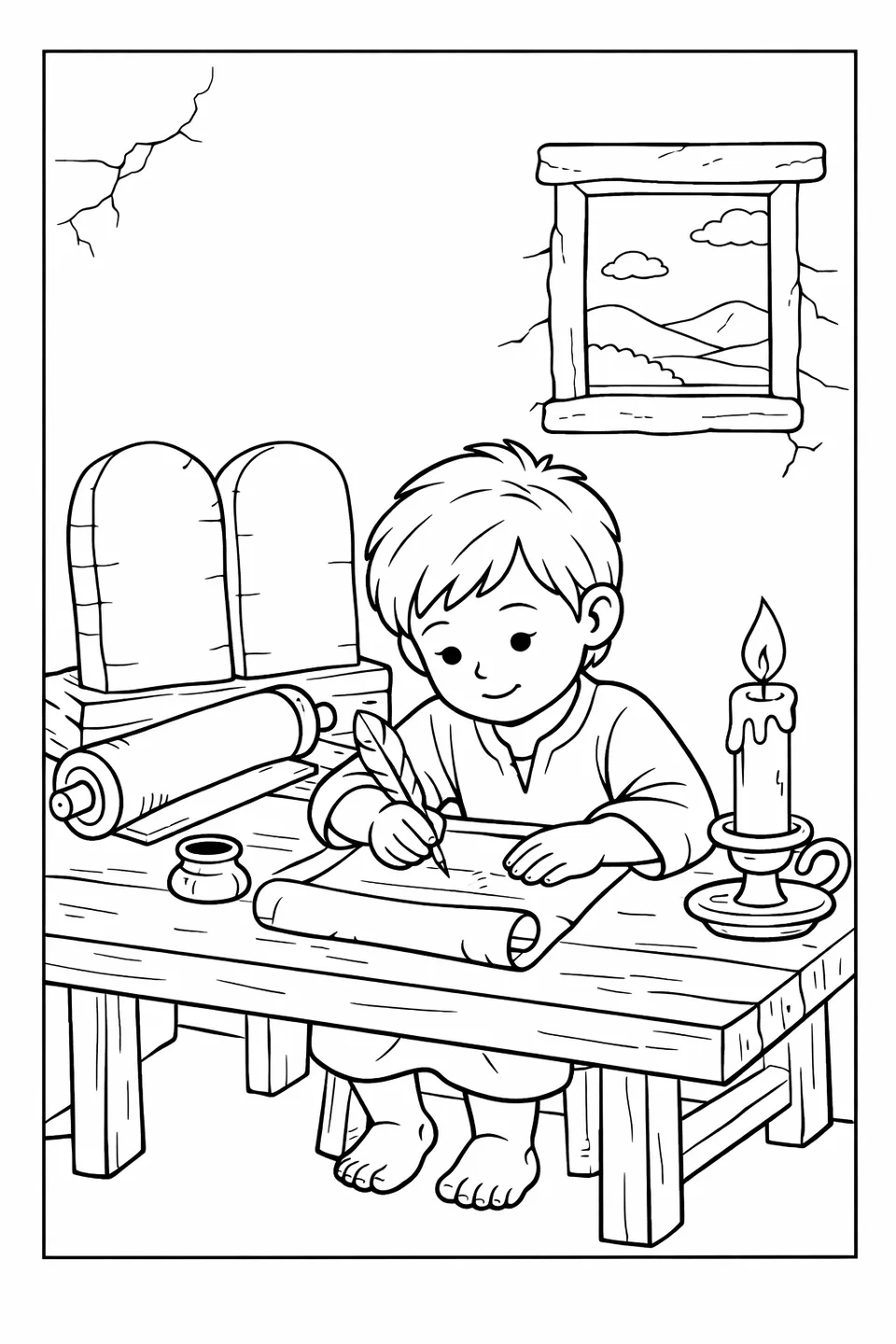 A child sitting at a wooden table writing from a scroll onto parchment by candlelight