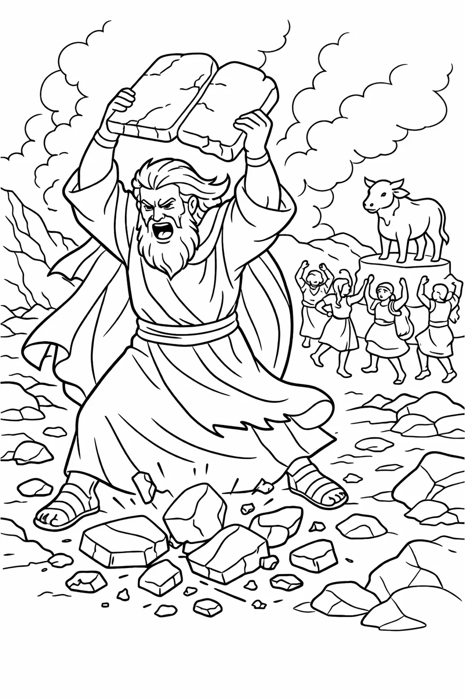 Moses throwing the stone tablets to the ground with broken pieces scattering and a golden calf idol visible in the background