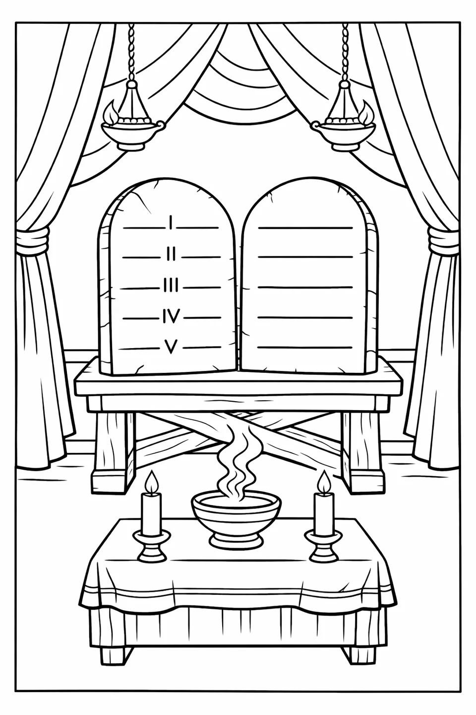 Two stone tablets on a wooden stand inside a tent with fabric curtains and hanging oil lamps