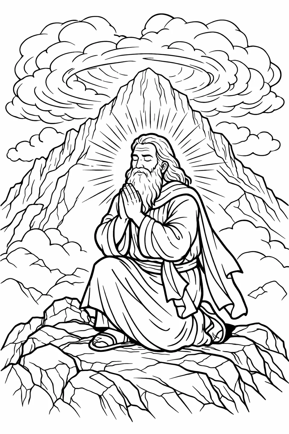 Moses kneeling with folded hands on a rocky mountaintop surrounded by swirling clouds and a glowing light