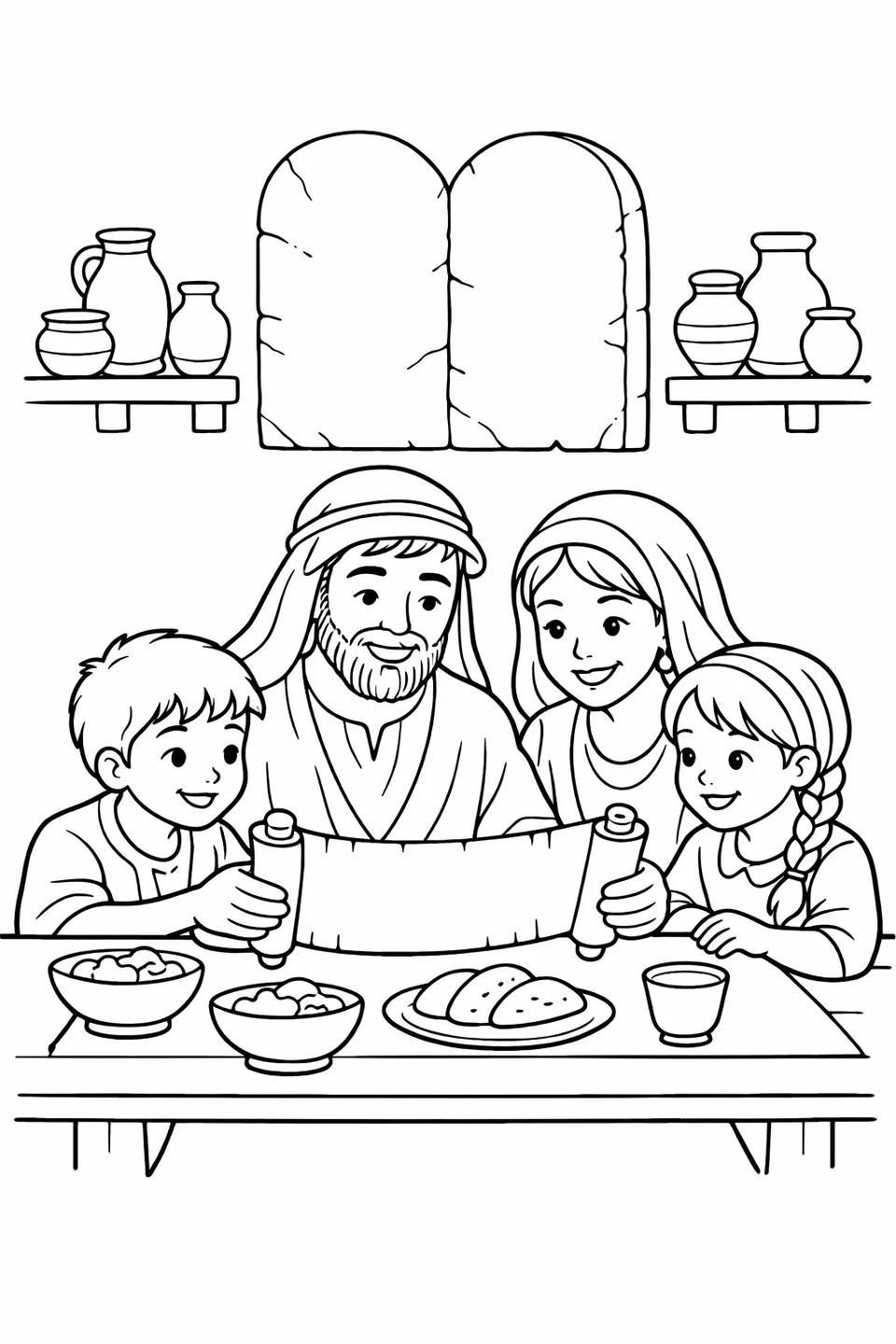 A family of four gathered around a table reading from a scroll with a stone tablet on the wall behind them