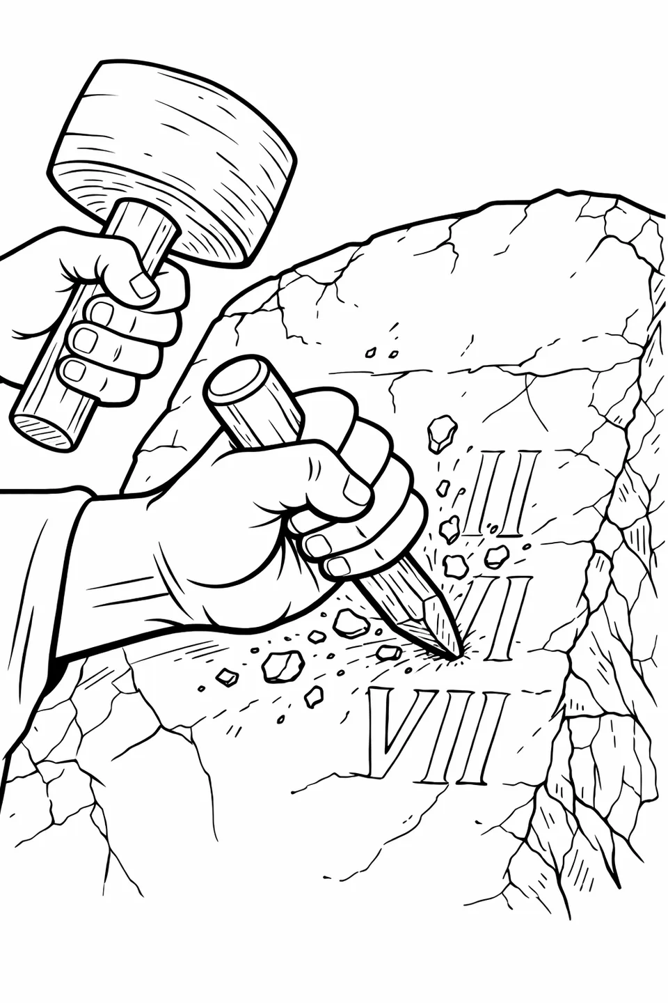 A hand holding a chisel and mallet carving Roman numeral letters into a rough stone tablet with stone dust around it