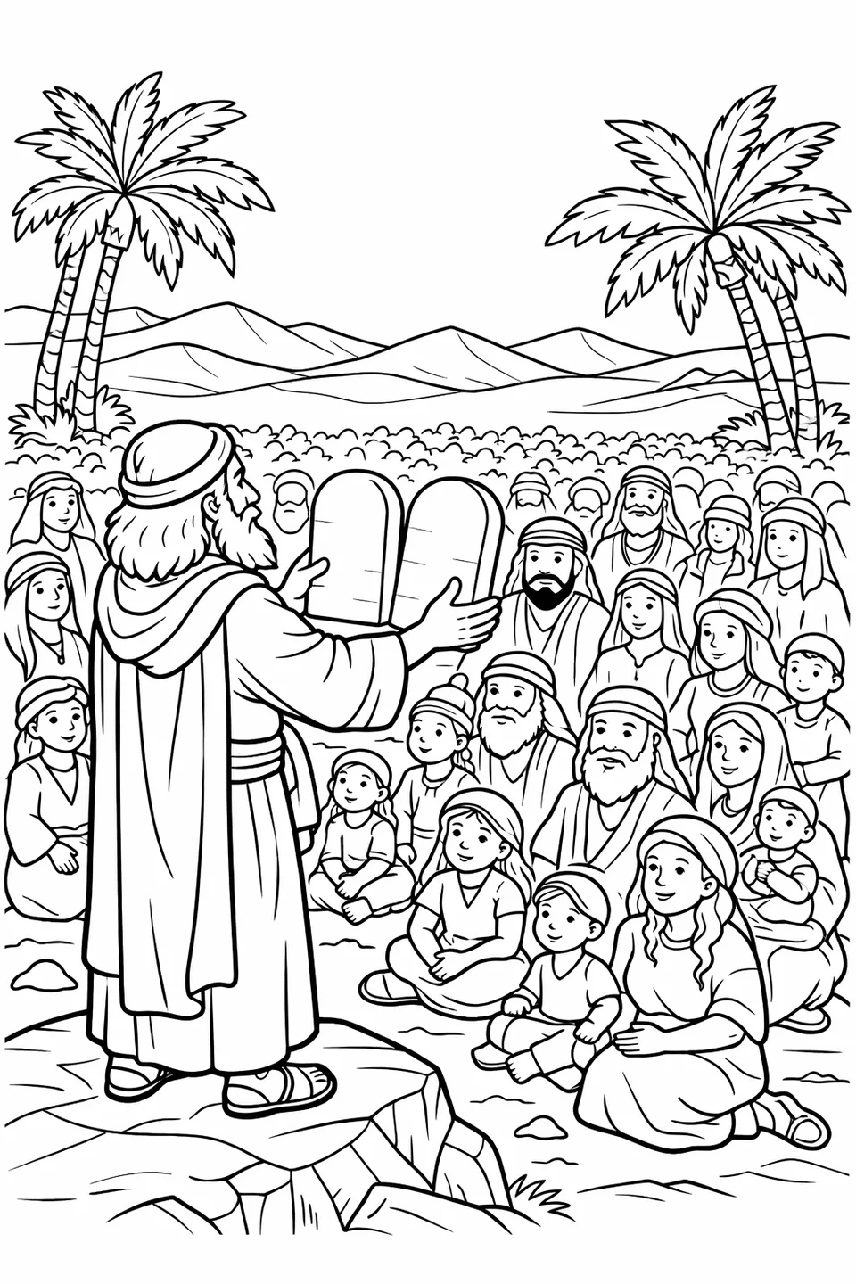 Moses holding stone tablets out toward a large crowd of Israelites in a desert setting with palm trees in the background