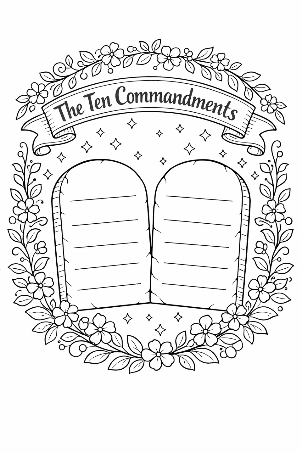 Two stone tablets with a banner reading The Ten Commandments above them surrounded by a floral wreath border