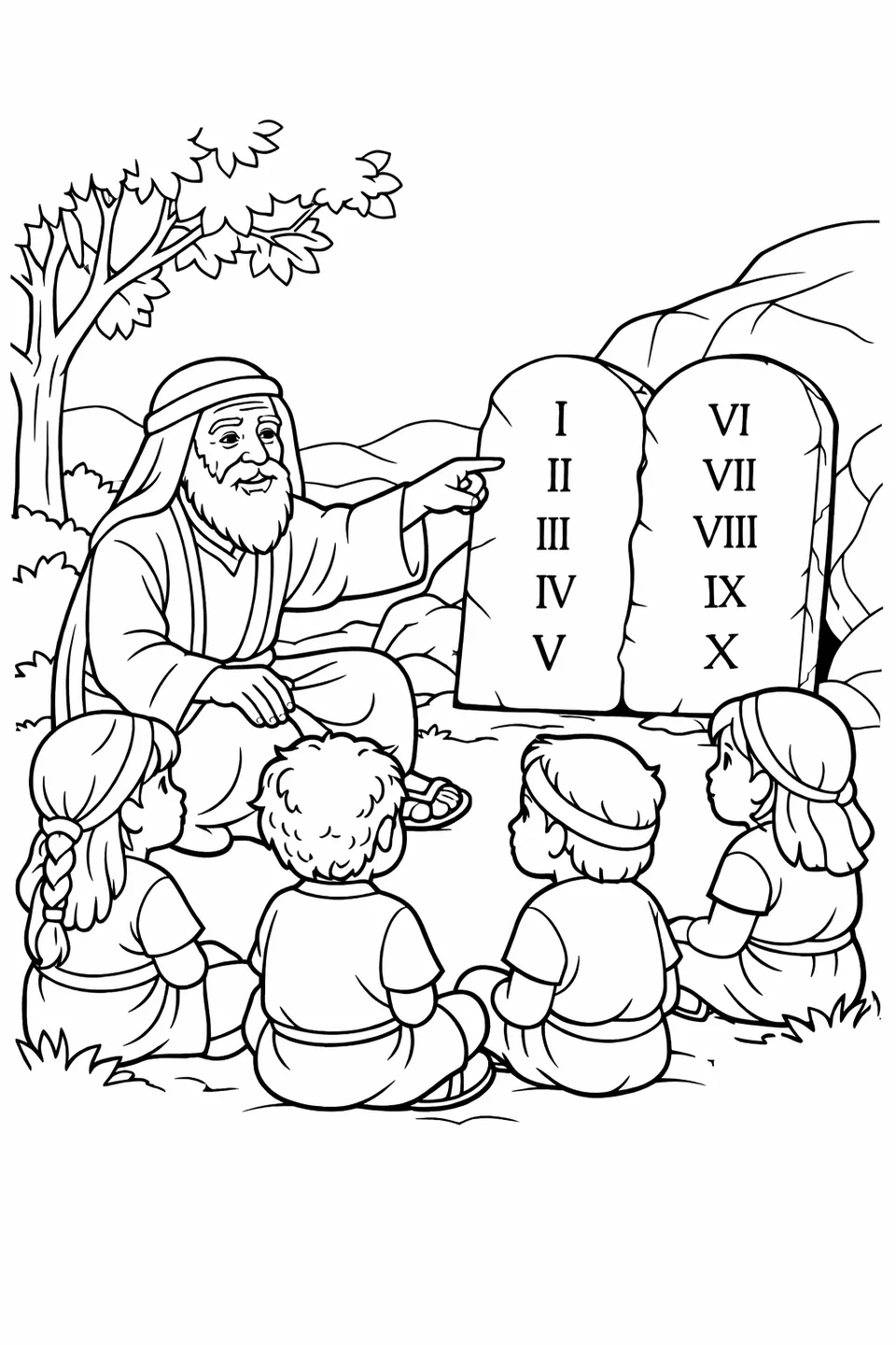 An elder standing beside a stone tablet propped against a rock while children sit on the ground listening