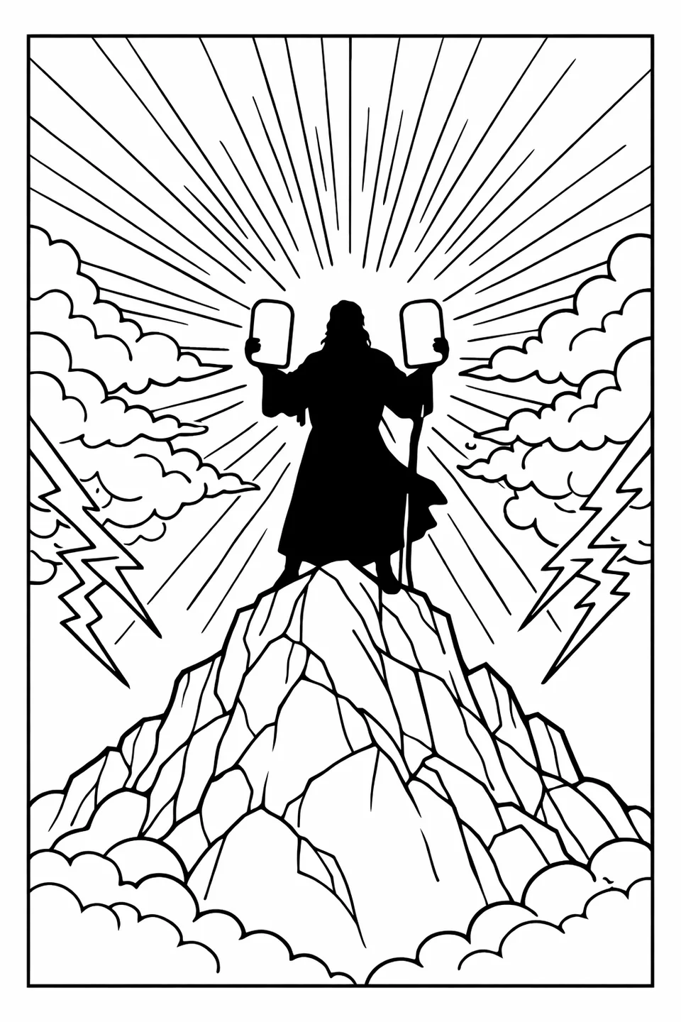 A silhouette of a figure holding two tablets on a mountain peak against a sunburst with lightning and storm clouds