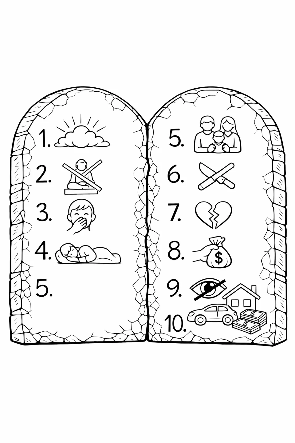 Two stone tablets in an arch shape with numbered commandments each paired with a small illustrative icon