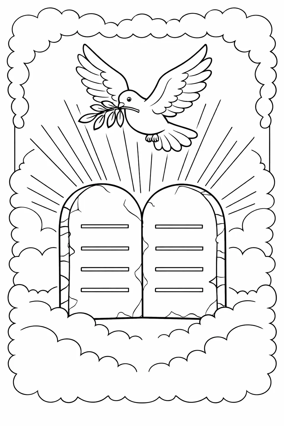 A dove with an olive branch flying above two stone tablets with rays of light fanning behind them