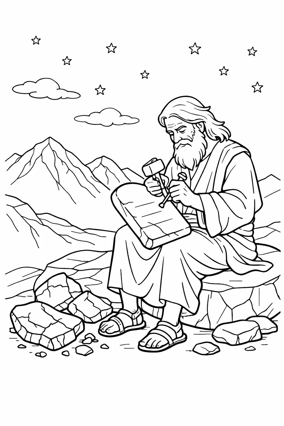 Moses sitting on a boulder carving letters into stone tablets with broken tablet pieces nearby under a starry sky