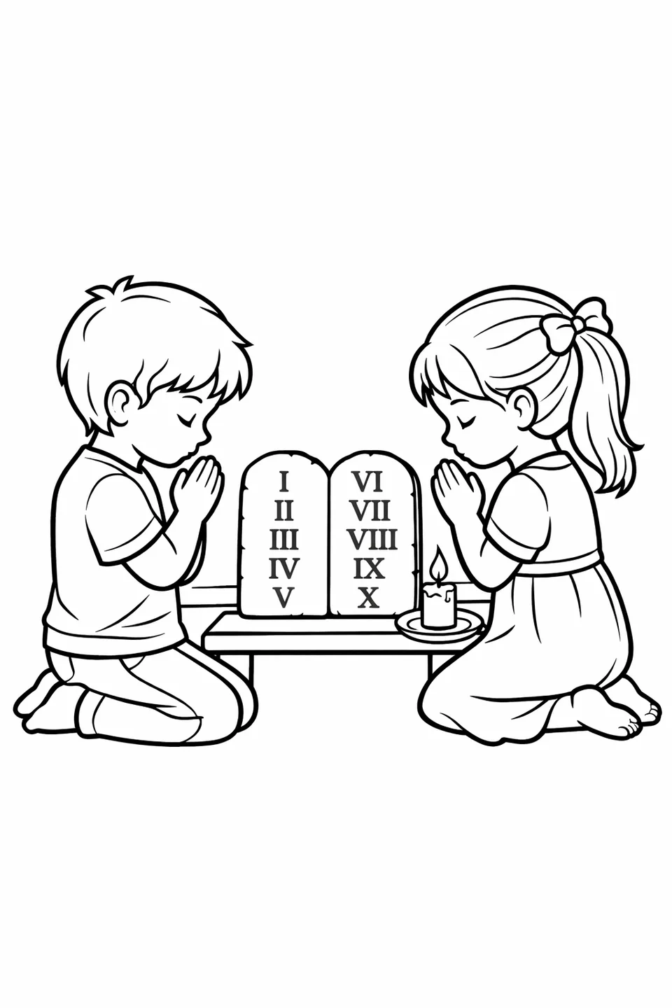 A boy and girl kneeling in prayer with hands folded in front of a small stone tablet and a lit candle