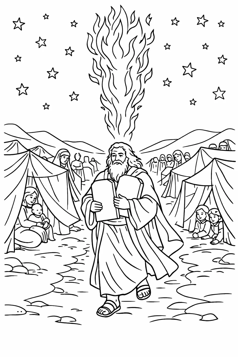 Moses carrying stone tablets through a nighttime camp with a pillar of fire glowing in the sky above