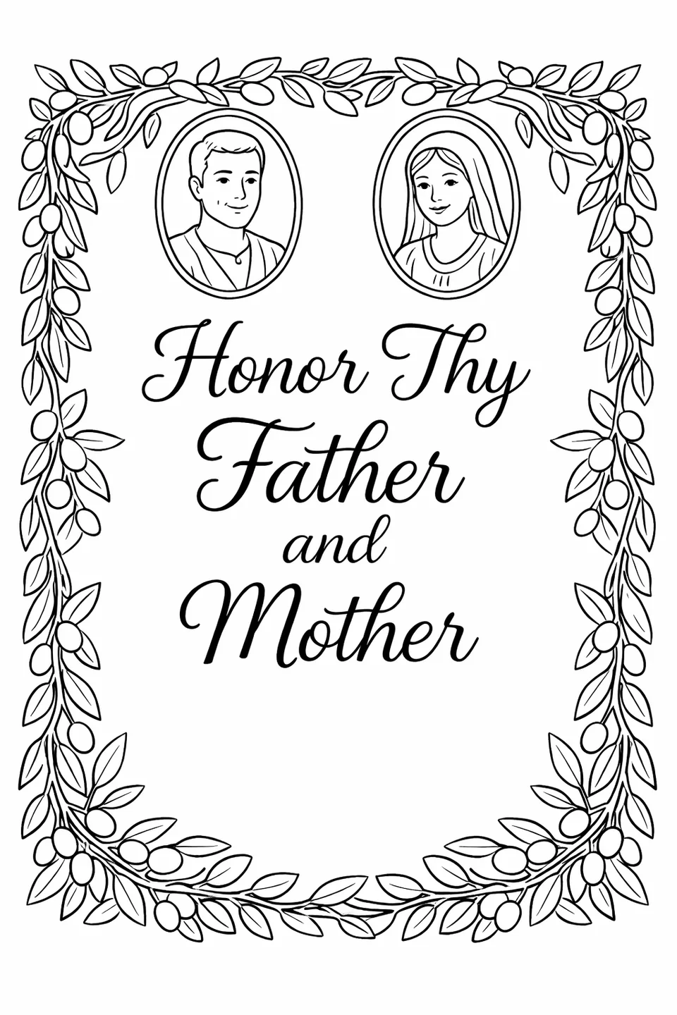 A vine and olive branch border framing the words Honor Thy Father and Mother with two small portrait ovals at the top