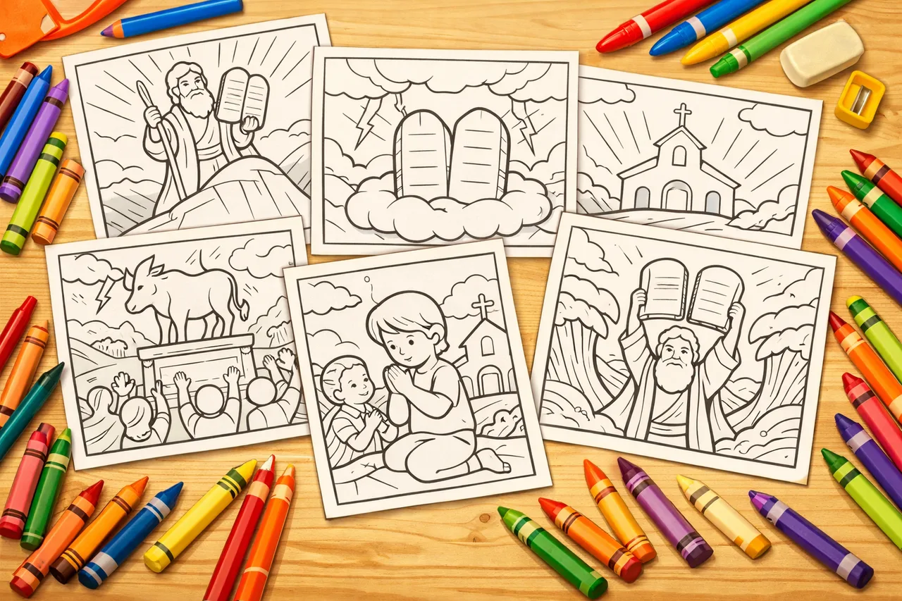 The Ten Commandments coloring pages cover collage