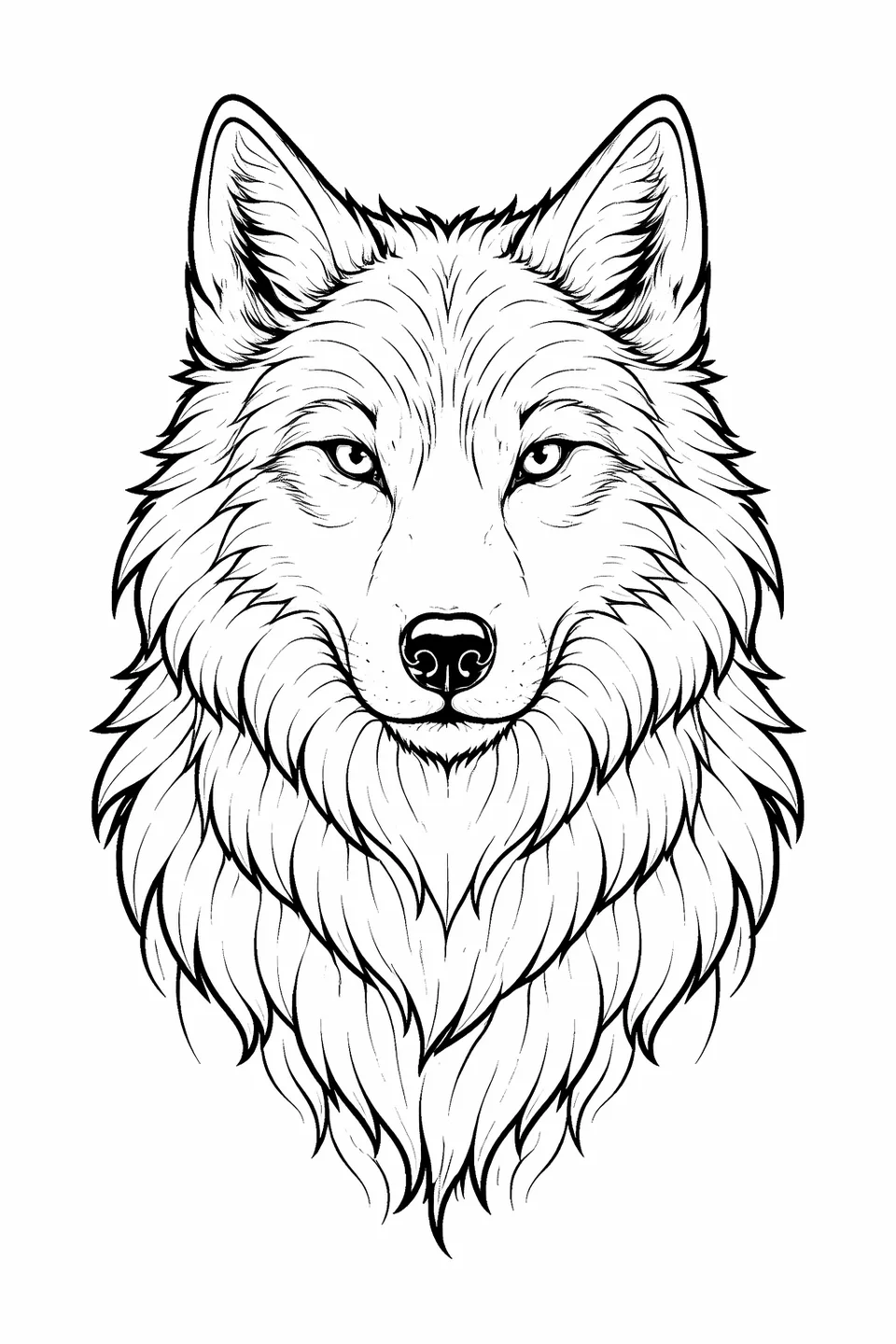 Line drawing close-up of a wolf's face with pointed ears, long muzzle, and thick neck fur on a plain background