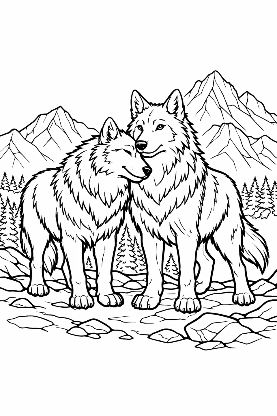 Line drawing of two wolves on a mountain ridge, one nuzzling the other's neck, with jagged peaks and pine forest in the background