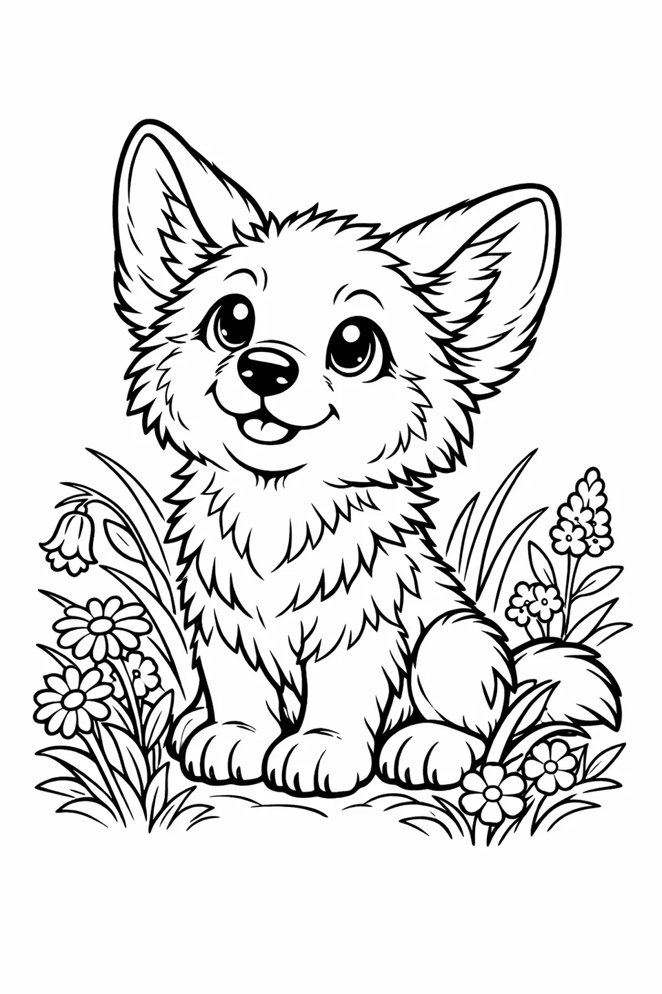 Line drawing of a wolf pup sitting in tall grass with large ears, short muzzle, and wildflowers in the foreground