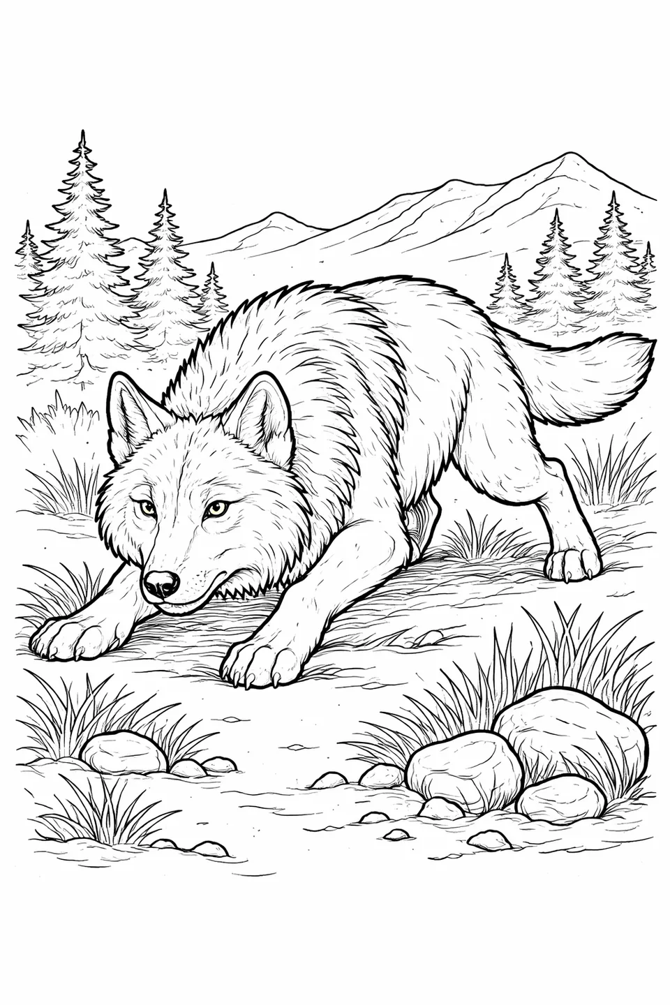 Line drawing of a wolf in a crouched hunting stance on rocky open ground with dry grass around it