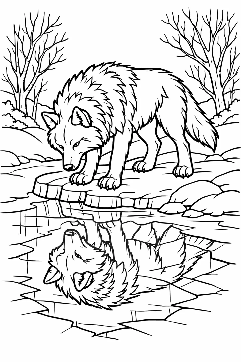 Line drawing of a wolf at a frozen river edge looking down at its reflection in the ice, with snow banks and bare trees nearby