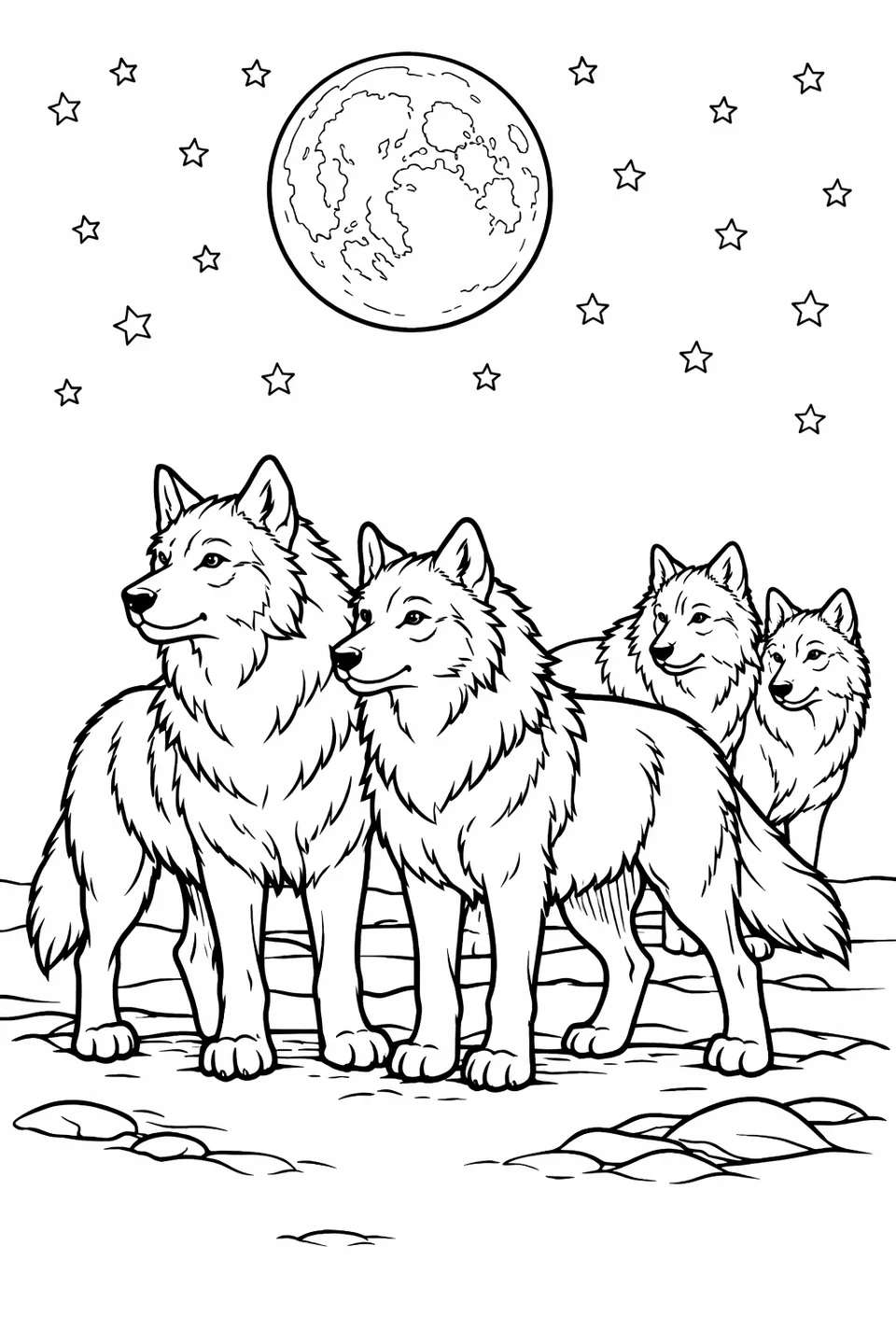 Line drawing of a pack of four wolves standing in a group on snowy open ground under a night sky